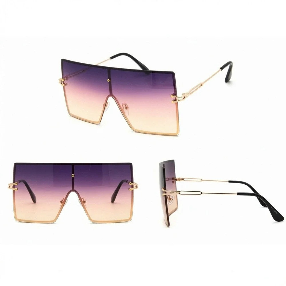 Oversized Square Shield Sunglasses Burgundy Gradient Gold Frame Women Shades New